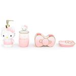 Hello Kitty Bathroom Organizer Set - 4 Piece Pink Accessories Includes Resin Tumbler, Soap Dispenser, Soap Dish and Toothbrush Holder - Bathroom Décor