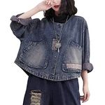 TOMPPY Womens Denim Jackets, Women'S Denim Jacket Vintage Distressed Blue Splicing Long Sleeve Button Up Shacket Jacket Loose Short Wash Faded Round Neck Denim Coat Spring Transition Casual Outwear,M