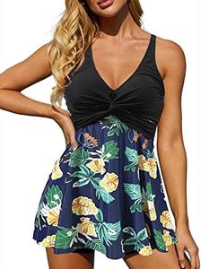 Rayson Tankini Mujer en V Hálter Bañador Falda Moda Traje de Baño Clásico de Cintura Alta Elegantes para Piscina Playa(Hojas Azul Marino,XXL)