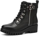 CentroPoint Women's Fashion Wedge Ankle Boots Side Zipper Lace-up Combat Booties Round Toe Platform Shoes, Black Pu, 7 US