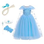 KAUSHIK ENTERPRISES Frozen Princess Elsa Costumes for Girls Toddlers Fancy Dress Up with Wand, Gloves, Wig, Jewelry Set for Birthday, Party, Cosplay Costume for Girls, 6-7 Years