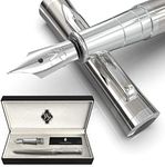 Wordsworth & Black Fountain Pen Set, 18K Gilded Medium and Fine Nibs, 6 Ink Cartridges and Refill Converter, Gift Case, Smooth Writing Pens [Silver Chrome], Perfect for Men and Women