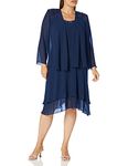 S.L. Fashions Women's Plus Size Embellished Tiered Mother of The Bride Gown with Jacket, Wedding Guest, Formal Event Dress, Navy, 20 Plus