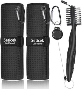 Seticek 2 Pack Golf Towel (16" X 16") with Golf Club Brush, Microfiber Waffle Pattern Golf Towels for Golf Bags for Men,Essential Golf Combo Cleaning Kit (Black)