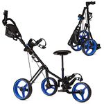 Tangkula Golf Push Cart with Seat, Lightweight Collapsible 3 Wheels Golf Pull Cart, Golf Trolley with Scoreboard Bag Foot Brake, Cup & Umbrella Holder, Height-Adjustable Handle, Golf Push Pull Cart