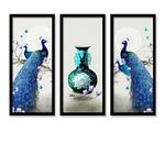 Painting Mantra Peacock Theme Framed Painting, 3 Framed Art Prints for Living Room in Grey Background, Valentine Day Gift- Size - 22x 47 cm