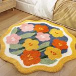 Aldopein Boho Floral Round Bath Mat 2ft Non Slip Washable Cute Colorful Flower Daisy Bathroom Rug Water Absorbent, Fluffy Shaggy Microfiber Circle Shower Floor Mat Bath Rug for Bathroom Yellow/Orange