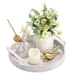 IGNPION Round Rattan Woven Serving Tray 24.5cm Decorative Display Tray Guest Towel Storage Platters with Handle Table Desktop Organiser Tray for Coffer,Drink,Breakfast,Tea,Candle Whitewash