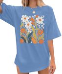 UNIQUEONE Boho Oversized Flower Shirt for Women Vintage Floral Graphic T-Shirt Boho Floral Dresses Casual Tee Tops Blue