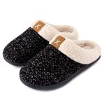 ULTRAIDEAS Women's Cozy Memory Foam Slippers Fuzzy Wool-Like Plush Fleece Lined House Shoes w/Indoor, Outdoor Anti-Skid Rubber Sole (9-10,Dark Black)