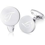 HONEY BEAR Initial Alphabet Letter Cufflinks for Men, Silver Round Shape Stainless Steel Wedding Business Gifts A - Z (T)