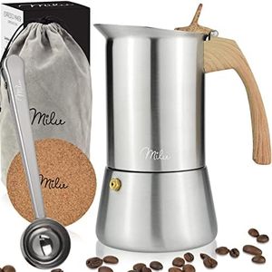 Milu cafetière Italienne Induction | 2 4 6 9 Tasses | Cafetière Moka en INOX, Espresso Maker Acier Inoxydable, Ensemble comprenant un sous-verre, une cuillère (Aspect bois, 6 tasses (300ml