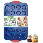 24 Cup Muffin Non Stick Baking Pan, Deluxe Blue Carbon Steel Bake Pan with Red Silicone Handles, Commercial Grade Restaurant Quality Metal Bakeware, Compatible with Model NCSBSBL10