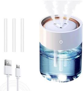 Air Humidifier, 2L Cool Mist Humidifiers, 3 Heads Mist Ports Portable Travel Humidifier, Aroma Diffuser with 3 Spray Modes and Colorful Lights, for Car Desk Home Office, Whisper Quiet,White