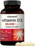 NatureBell Vitamin D3 50,000 iu with K2 200 mcg, 180 Coconut Oil Softgels | Vitamins D as Cholecalciferol & K as MK-7 | Max Strength Bone, Heart, Immune, & Calcium Support | Once Weekly, Non-GMO