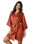 AW BRIDAL Plus Size Satin Kimono Robe, Bridesmaid Bride Party Robes V-Neck Dressing Gown with Pockets, Burant Orange XL