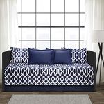 Lush Decor Navy and White Edward Trellis Patterned Daybed Cover Set Includes Bed Skirt, Pillow Shams and Cases, 75" X 39", 6 Piece