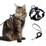Cat Harness and Leash Set With AirTag Holder, Upgraded Escape Proof Adjustable Kitten Vest with Lead for Large Cat Small Dog Puppy Walking, Soft Breathable Mesh Jacket with Reflective Strips L, Black