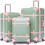 NZBZ Expandable Vintage Luggage Sets For Women Retro Luggage Set Handmade Vintage Suitcase Set with Leather Accents (Green with Pink, 20inch & 24inch & 28inch)