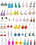 CASDAN 30 Pairs Weird Earrings Funny Earrings Gummy Bear Duck Water Bottle Fish Dinosaur Mushroom Butterfly Strawberry Dangle Earrings Set for Women, Stainless Steel, No Gemstone