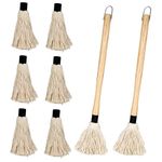 2pcs BBQ Basting Mops, 18 inch Wooden Long Handle Grill Basting Mop Barbecue Brush Sauce Mops BBQ Basting Brush Set with 6pcs Extra Replacement Heads for BBQ Grilling Smoking Steak