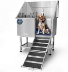 KANIS Professional Stainless Steel Dog Bathing Station - Grooming Tub w/Ramp, Storage Shelf, Floor Grate & Faucet/Dog Bathtub for Large, Medium & Small Pets (40", Right RAMP - Shelf)