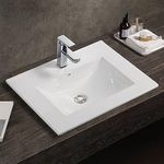 600mm Inset Bathroom Basin Ceramic White Sink Modern Square Cloakroom Basin Sink Single Tap Hole Vanity Cabinet Mounted Basin Overflow Countertop Basin Wash Bowl Vessel Sink