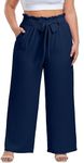 OLRIK Women's Plus Size Dress Pants Wide Leg High Waisted Pants Self-tie Belted Lounge Pants with Pockets Dark Blue-2X