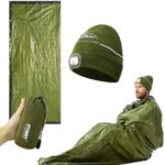 IVYWNT Emergency Sleeping Bag & LED Beanie Kit - Portable Bivy Sack Blanket, Winter Warm Knitted Hat with Light, Waterproof Survival Gear for Camping Hiking Adventure, Green