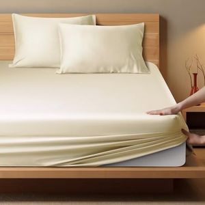 King Bed Fitted 3 Pieces Bamboo Viscose, 400 Thread Count 1 Fitted Sheet + 2 Pillowcases, Breathable, Soft & Silky Sateen Weave Fits Mattress 8" Up to 16" Deep Pocket (Beige, King)