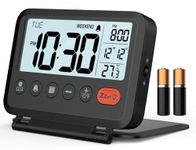 MeesMeek Digital Travel Alarm Clock: Small Bedside LCD Clock with Date Temperature Snooze Backlight 12/24H Weekend Mode and 2 Volume, Desk Clock for Kids Office Bedroom, Battery Included (Black)