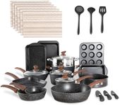 Kitchen Academy 30 Piece Non-Stick Pots and Pans Set, Induction Pan Set, Granite Non-Stick Saucepan Set (Black)