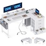 ODK Corner Desk with Drawers, L Shaped Computer Desk with USB Charging Port & Power Outlet, Home Office Desk with Monitor Stand and PC Stand, 55 Inch Gaming Desks Workstations, White