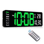 Sukeen Digital Wall Clock, 13" Digital Clock Wall Clock Alarm Clock with Remote Control/Count Up & Down/10-Level Dimming/Dual Alarm/Date/Temperature for Home, Office, Workshop, Gym Clock - Green