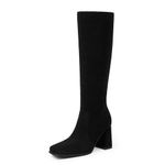 Modatope Knee High Boots Women Chunky Heel Square Toe Tall Boots for Women High Heel Side Zipper Long Boots, C-blacksuede, 7.5