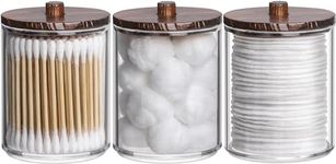 Tbestmax 10 Oz Cotton Swab/Ball/Pad Holder, Qtip Apothecary Jar, Clear Bathroom Containers Dispenser for Storage 3 Pack Brown Wood Lids