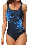 CharmLeaks Women One Piece Sport Swimsuit Water Aerobic Bathing Lap Swimwear Blue Printed L