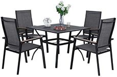 MFSTUDIO 5 Pieces Metal Patio Dining Set, 37" Square Iron Mesh Table with 1.57" Umbrella Hole and 4 Aluminium Textilene Chairs with Wooden Armest