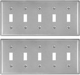 (2 Pack) AP-10425, Stainless Steel Toggle Switch Wall Plate, 5 Gang Standard Size 4.50" x 10" Corrosion and Heat Resistant Unbreakable Metal, Silver Light Switch Cover Panel, Matching Screws