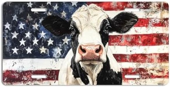 NGZ Black and White Cow License Plate, Funny Pet American Flag Painting Aluminum License Plate Suitable for Car, RVs, Bars, Fences, garages, etc. 12x6 Inch