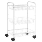 SONGMICS 3-Tier Metal Rolling Cart on Wheels with Baskets, Lockable Utility Trolley with Handles for Kitchen Bathroom Closet, Storage with Removable Shelves, White UBSC003W01