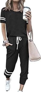PRETTYGARDEN Women Summer Two Piece Outfits Striped Short Sleeve Pullover and Long Pants Tracksuit Travel Pajama Lounge Set, Black, Large