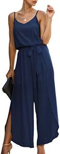 ECOWISH Women Long Pants Jumpsuit: Spaghetti Strap Casual Wide Leg Romper Summer V Neck Flowy Overalls with Belt Navy Blue S
