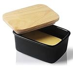 Sweejar Home Porcelain Butter Dish with Lid, Airtight Large Butter Keeper with Wooden Lid, Butter Container Perfect for 2 Sticks of Butter West or East Coast Butter (Black)