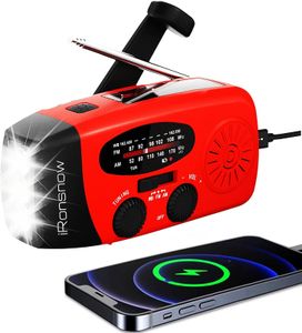 iRonsnow Solar Hand Crank Weather Radio – Portable NOAA AM/FM, LED, SOS, USB Charger, Red