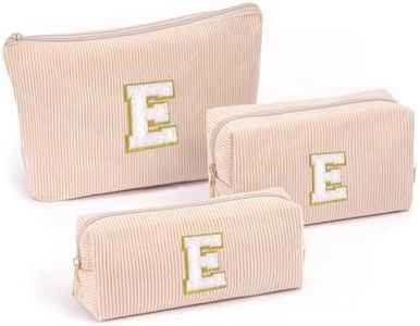 Vavabox A-Z Personalized Makeup Bag, Birthday Gifts for Women Mom, Gifts for Best Friend, Bride Bridesmaid Cosmetic bag (E, 05-khaki Set)