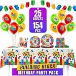 Building Block Birthday Party Supplies Set | Baby Boy Toddler Kids Birthday Brick Decorations – Cups Plates Signs Napkins Balloons Tablecloth Utensils – Decorations for Boys and Girls – Serves 25