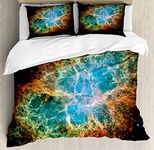 ABAKUHAUS Nebula Duvet Cover Set, Supernova Stars Cosmos, Bedding Set 3 Pieces with 2 Pillow Shams, 200 x 200 cm - 70 x 50 cm, Black Teal Orange