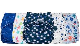 5 Pack Reusable Pocket Nappies with 10 Bamboo & Microfibre Highly Absorbent Inserts, Washable Cloth Diapers Nappy Bundle, Adjustable Popper Closure, Multiple Designs (Patterns, One Size 10-35lbs)