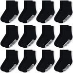 JAKIDAR 12 Pack Baby Socks Cotton Crew Toddler Socks Grips Non Slip Bottom Kids Socks, Black 2-4T